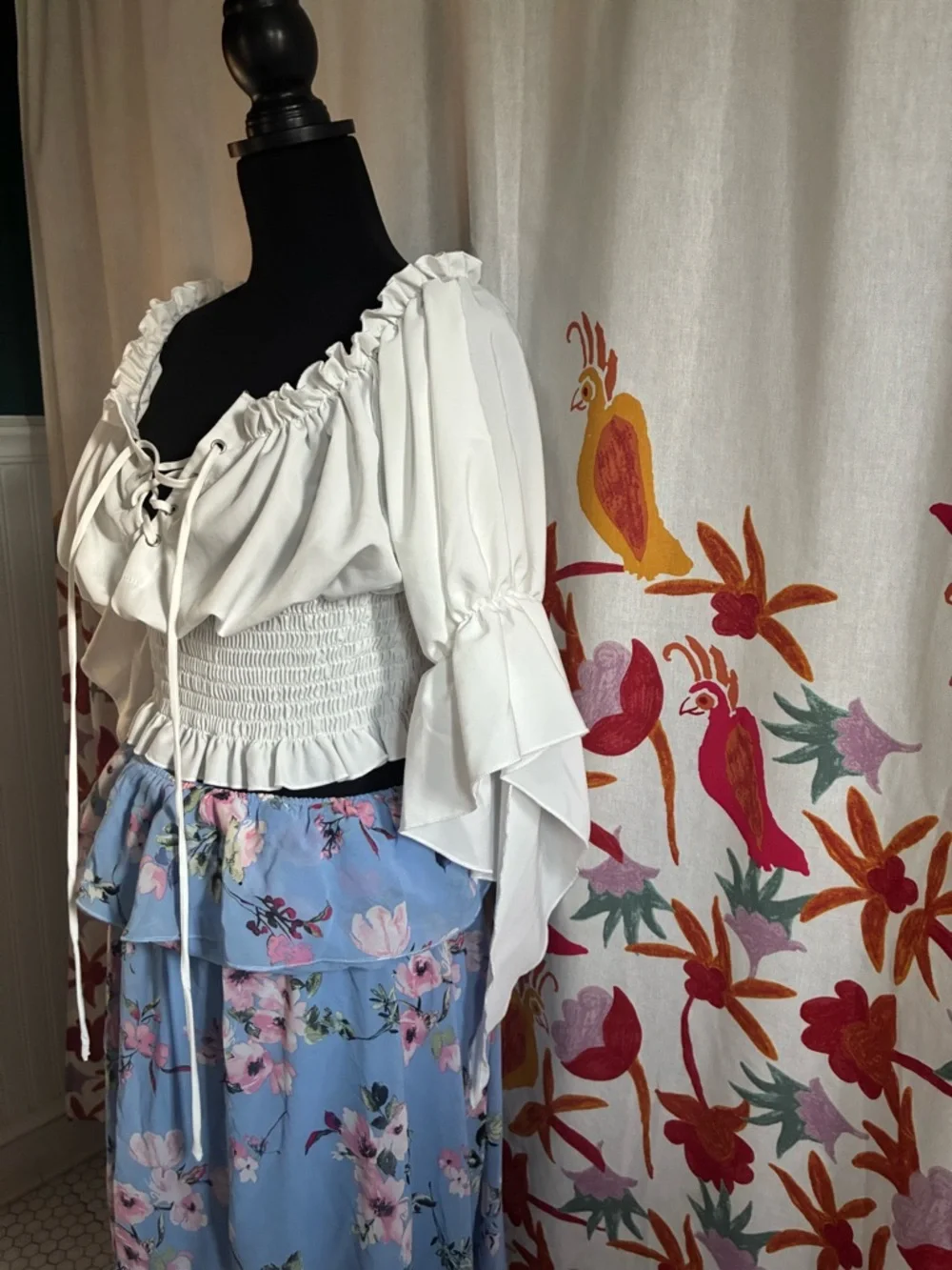 White Smocked Renaissance Peasant Blouse Lace Up with Sleeves XL - Picture 6 of 10